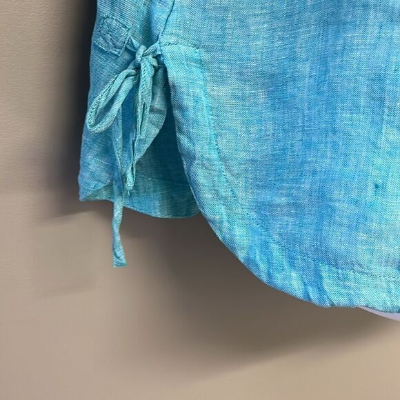 Isaac Mizrahi New York Turquoise V-Neck Linen Pullover Collared Shirt- Small - Picture 7 of 15
